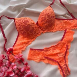 Conjunto de Lingerie Mariah com Bojo Laranja e Rosa
